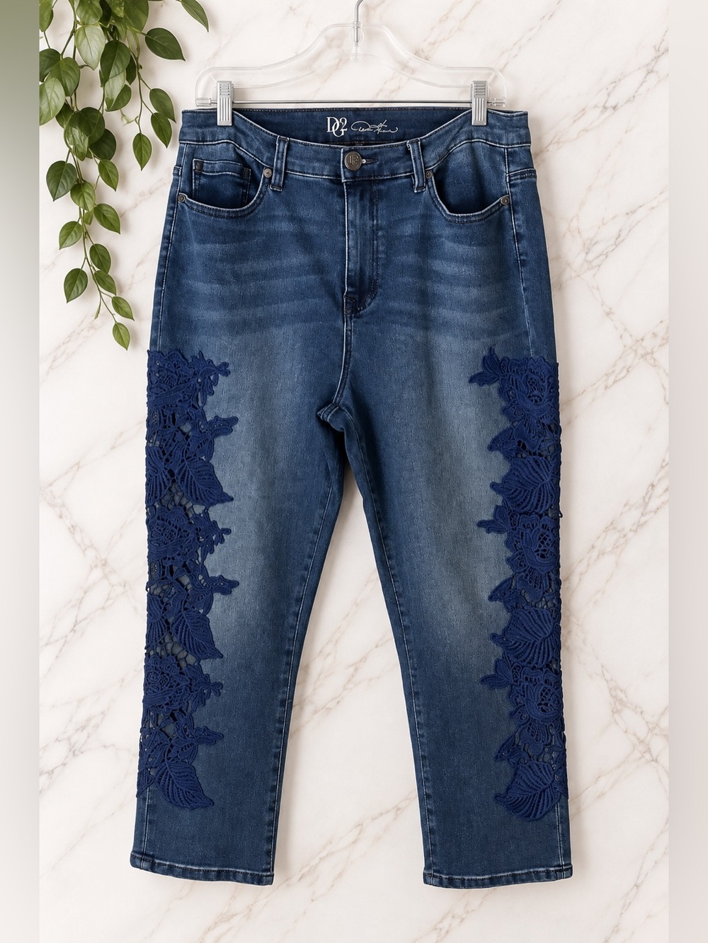 DG2 Diane Gilman Size 14T Blue Jeans Navy Floral Lace Appliqué Stretch Denim